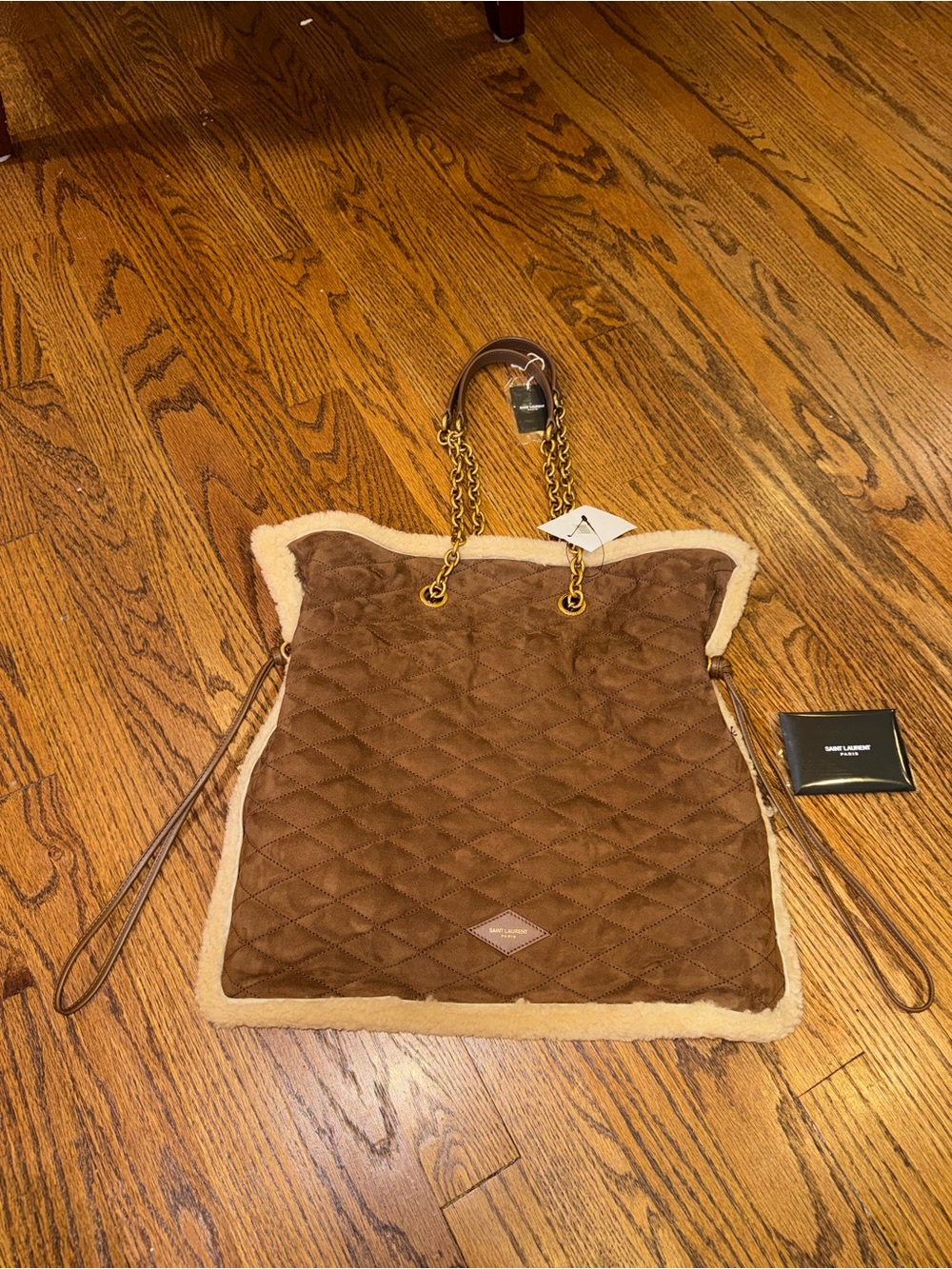 New Saint Laurent Le Pochon Genuine Shearling Trim Shoulder Bag - Picture 2 of 9